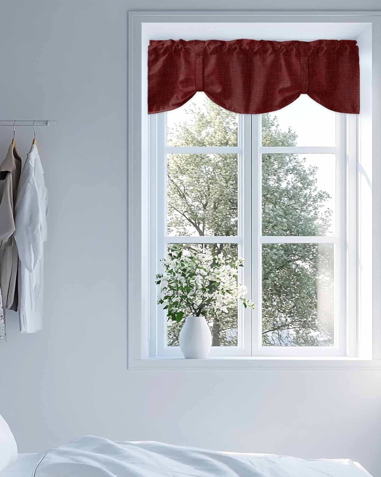 Wine Red Linen Tie Up Valances Curtain, Adjustable Kitchen Farmhouse Pure Color Country Farm Valances for Windows Decor, Rod Pocket Short Curtains Set for Bedroom/Bathroom, 54"x18"