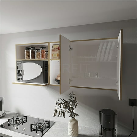JERFIT 24 Inch White and Oak Wall Mount Kitchen Cabinet with Doors and Shelves for Storage