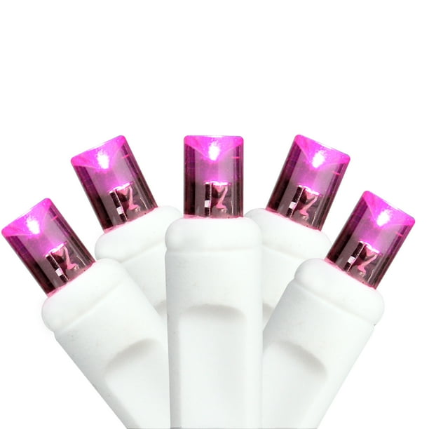 Set of 50 Commercial Grade Pink LED Wide Angle Christmas Lights White