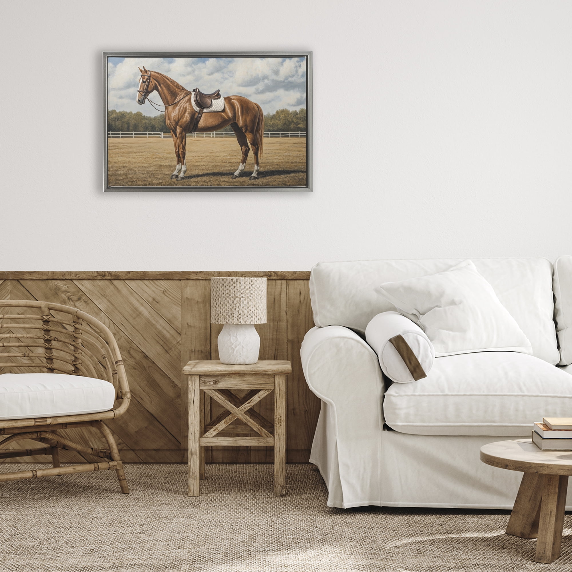Stupell Industries Saddled Up Chestnut Horse Gray Framed Floater Canvas Wall Art, design by Petal Prints Design