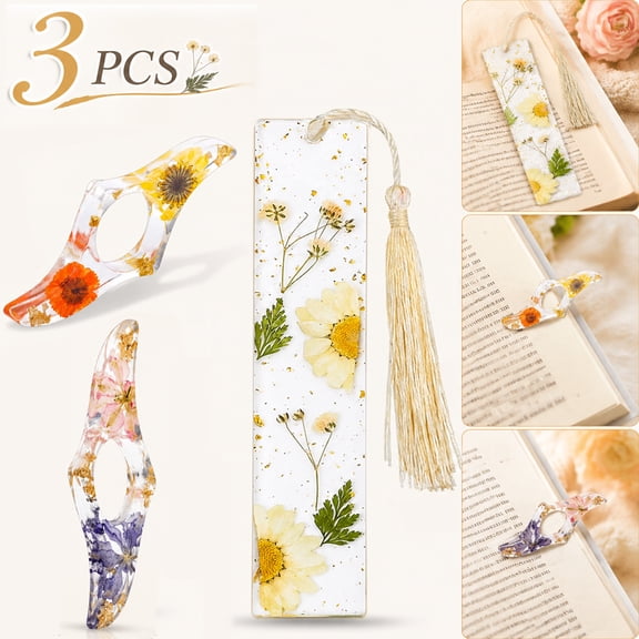 Deally Book Page Holder - Book Reading Accessories, 2 Pcs Thumb Book Page Holder Dried Flower Resin Book Page Holder and 1 Pcs Bookmark with Tassel, Gifts for Book Lovers, Women
