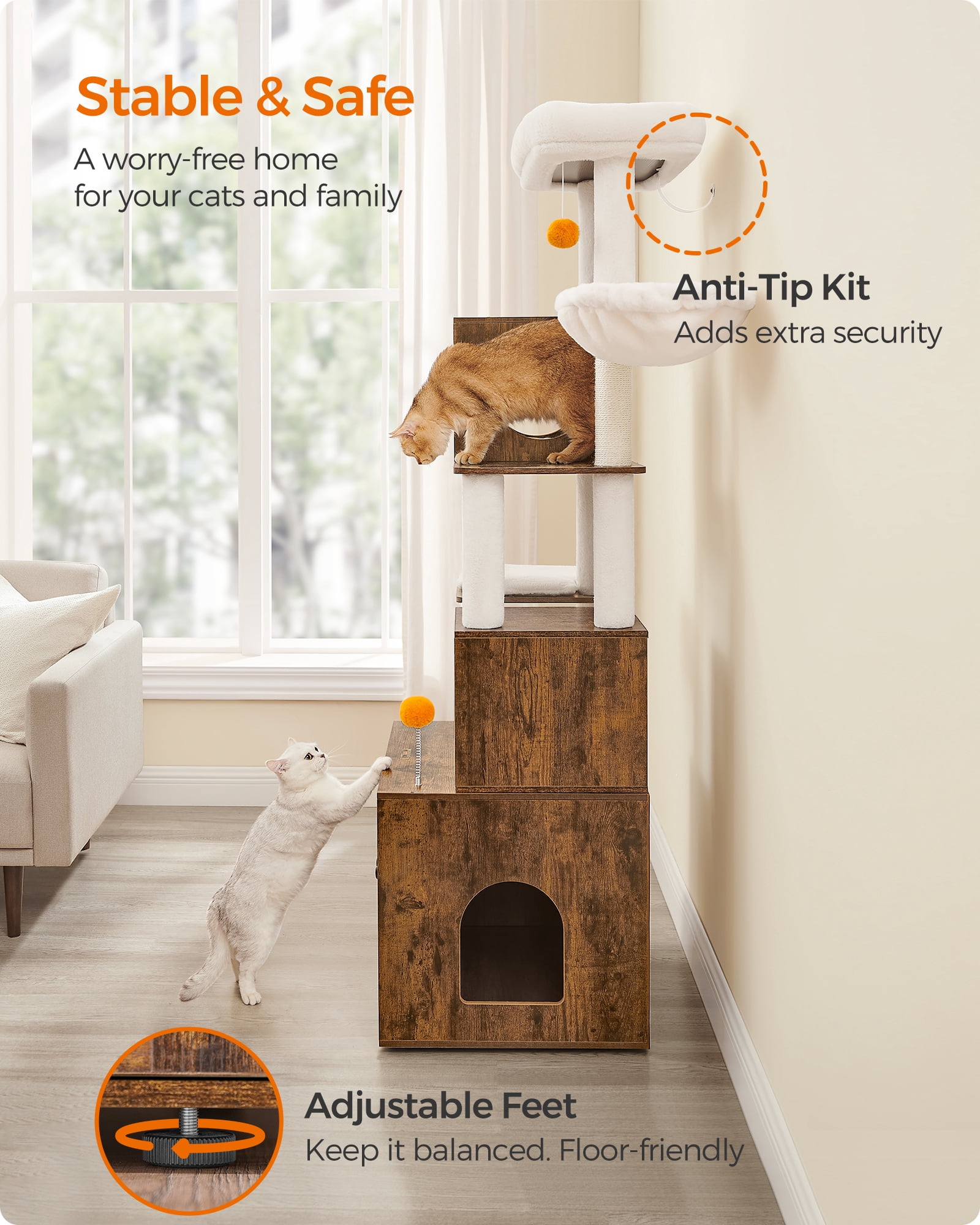 Cat Tree with Litter Box Enclosure - 2-in-1 Modern Cat Tower | 72.8-Inch Tall Condo with Scratching Posts, Perch, Caves, Basket, Washable Cushions, Rustic Brown