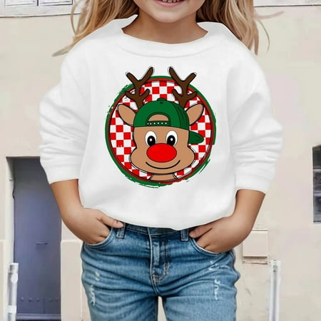 Christmas Print Girls Crewneck Sweatshirt Long Sleeve Casual Pullover Top Soft Fashion Holiday Wear 3-4 Years