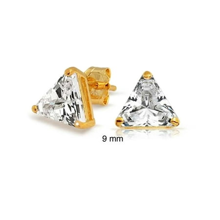 Gold Trillion Shape 3CT Triangle Shaped Cubic Zirconia Basket Set Trillion Cut CZ Stud Earrings 14K Gold Plated 925 Sterling Silver ()