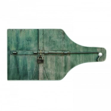 Industrial Cutting Board, Aged and Closed Door with a Lock Close up View in Retro Style Entrance Photo, Tempered Glass Cutting and Serving Board, Wine Bottle Shape, Green Brown, by Ambesonne