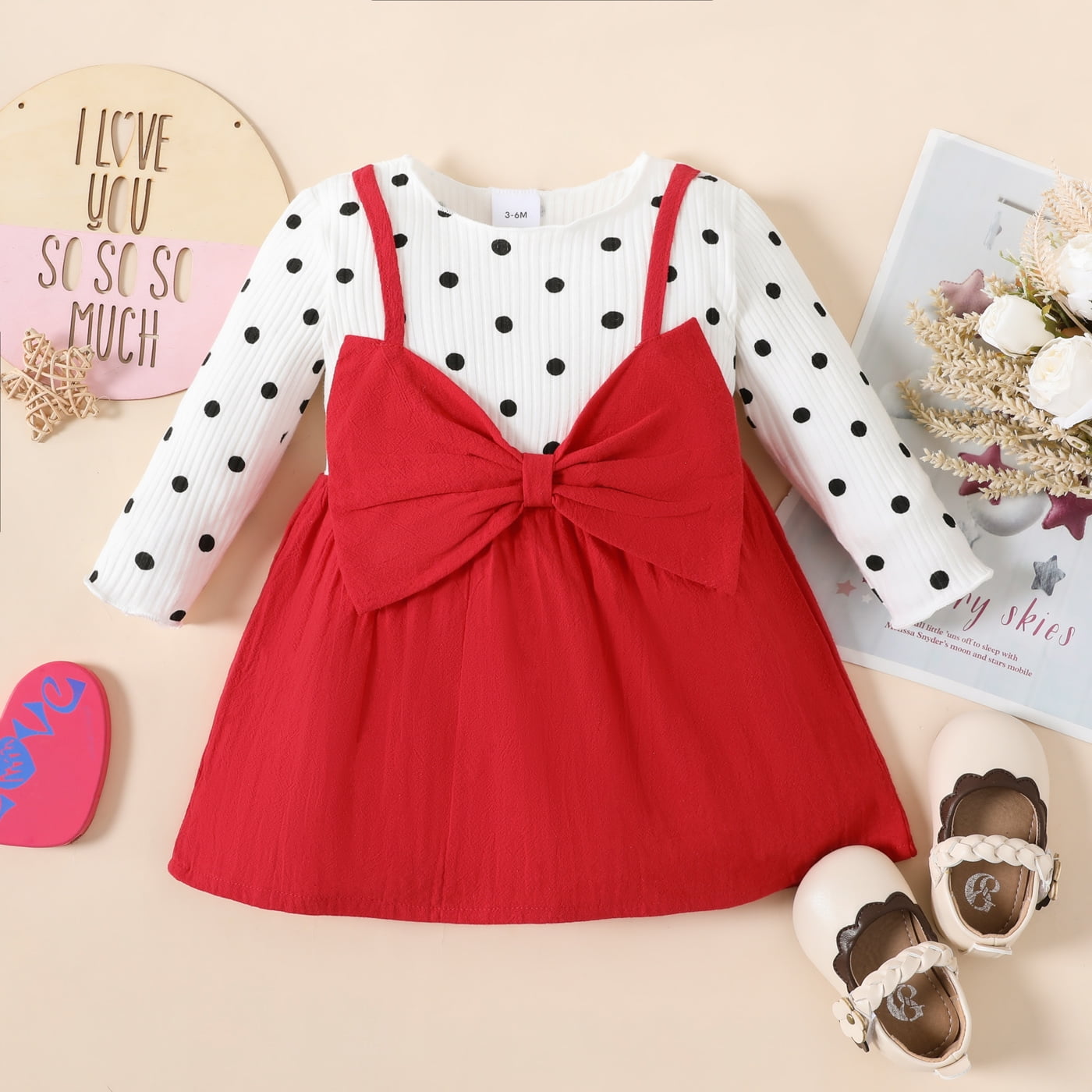 PatPat Baby Girl Polk Dot Print Sling Bowknot Splicing Dress,Infant Long Sleeve Fall Outfit