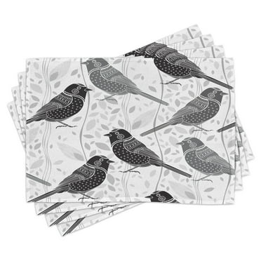 Ambesonne Grey Place Mats Set of 4, Birds and Floral Patterns, Standard Size, Grey White Black