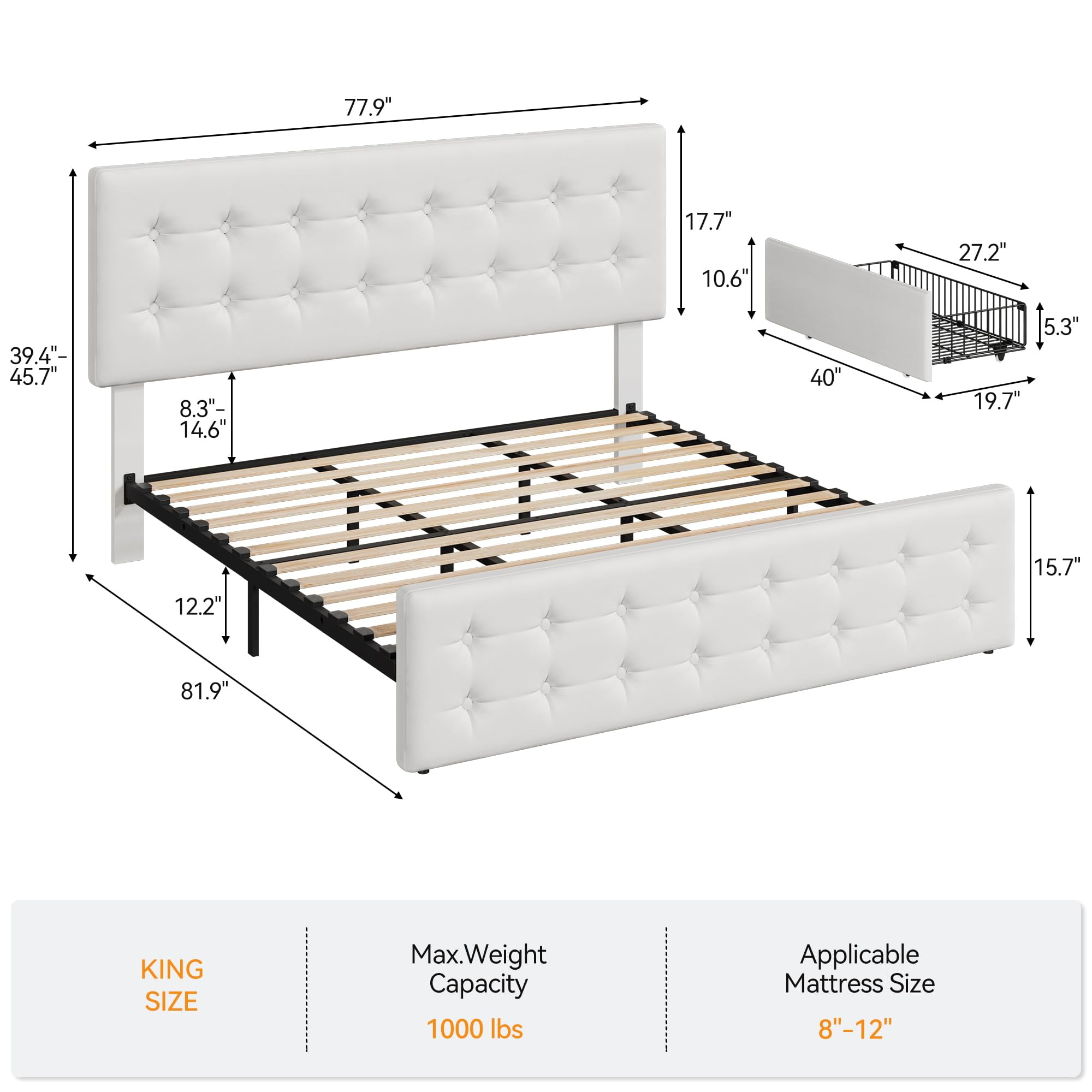 TROPOW King Size Bed Frame,with 4 Storage Drawers and Headboard, Linen Upholstered Platform Bed Frame with Wooden Slats Support, Button Tufted Design, No Box Spring Needed,White