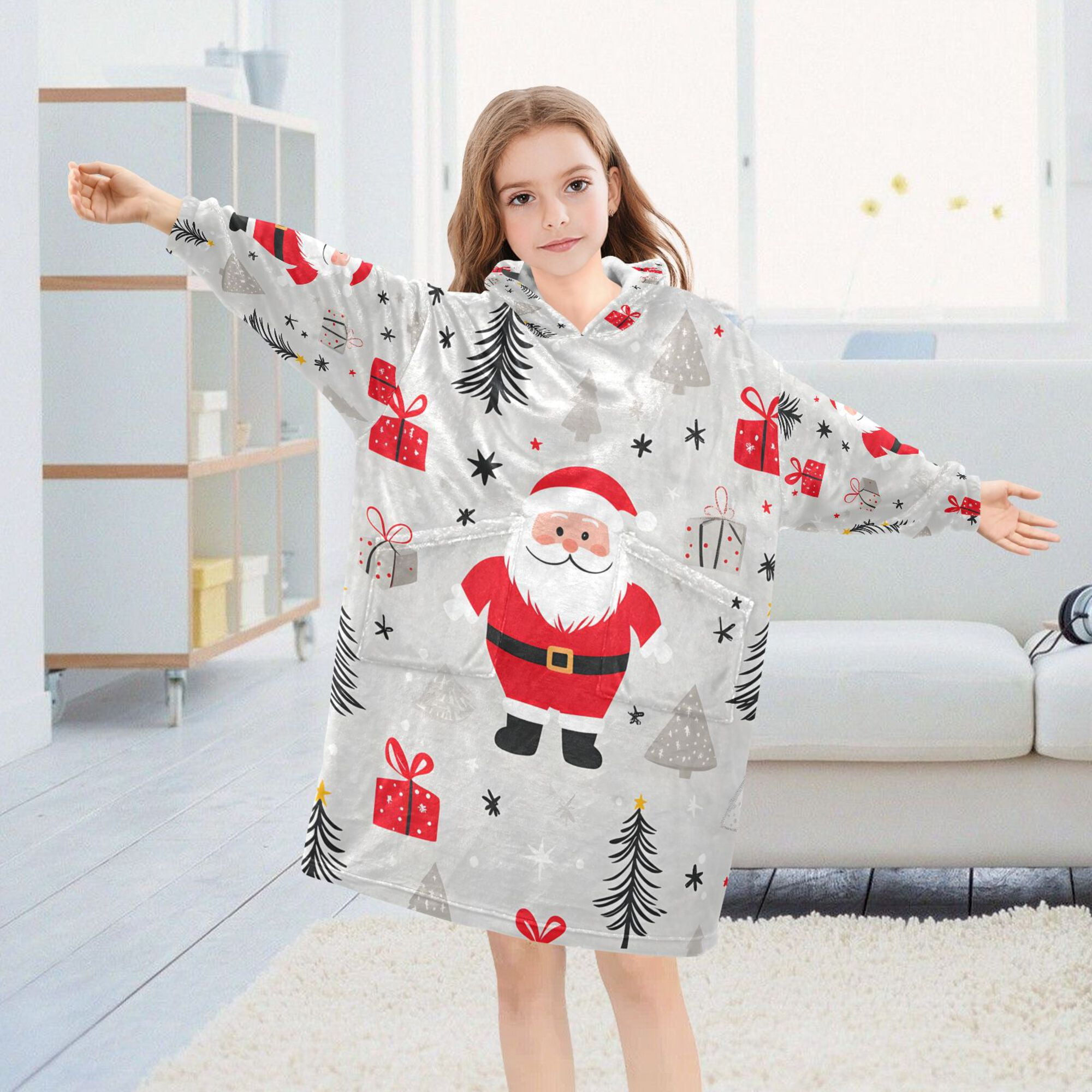 FORMRS Wearable Blanket Hoodie with Sleeves for Kids Cozy Flannel Sweatshirt, Gray Christmas Santa