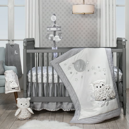 UPC: 0084122740440 | Lambs & Ivy Luna White/Gray Celestial Owl 4-Piece Nursery Baby Crib Bedding Set