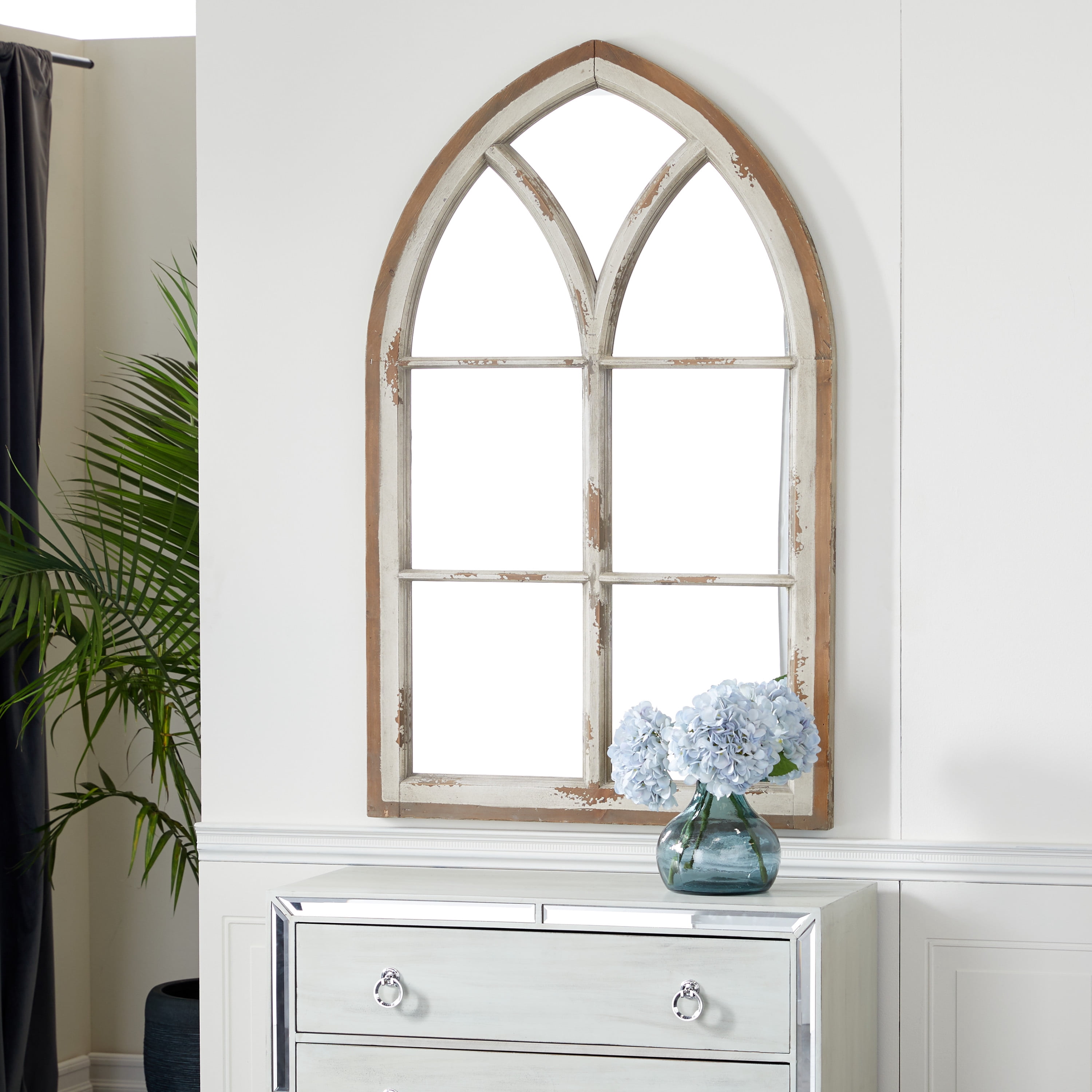 DecMode 32" x 51" White Window Pane Inspired Wall Mirror with Arched Top and Distressing