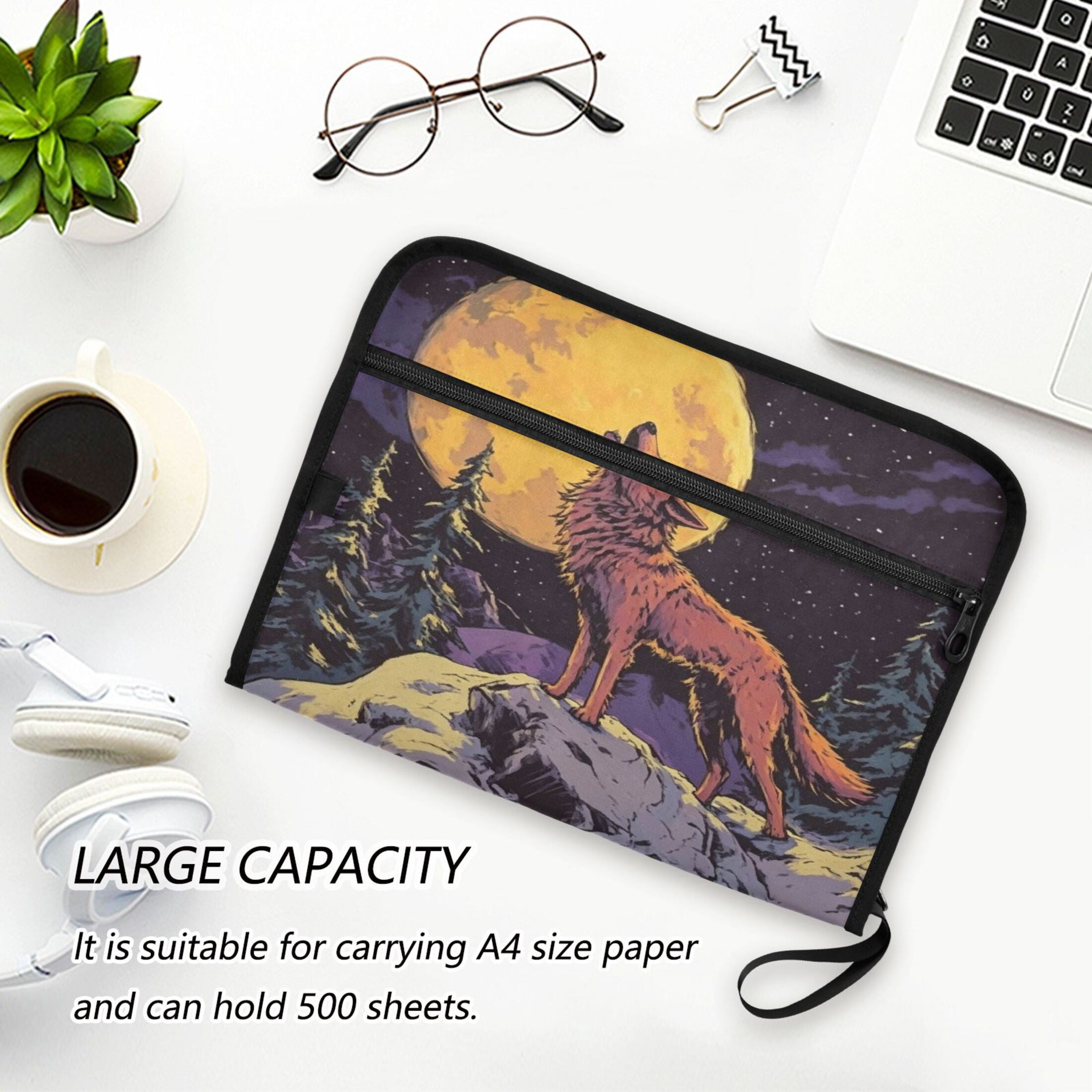 13-Pocket Expanding File Folder—Nylon Accordion File Organizer with Handwritten Labels, Moon Wolf
