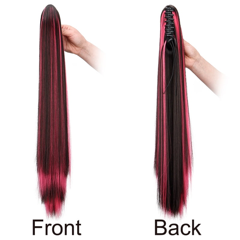 24Inch Synthetic Women's Claw Clip Ponytail Extension Highlighted Red Purple Straight Hair Heat Resistant for Daily Women