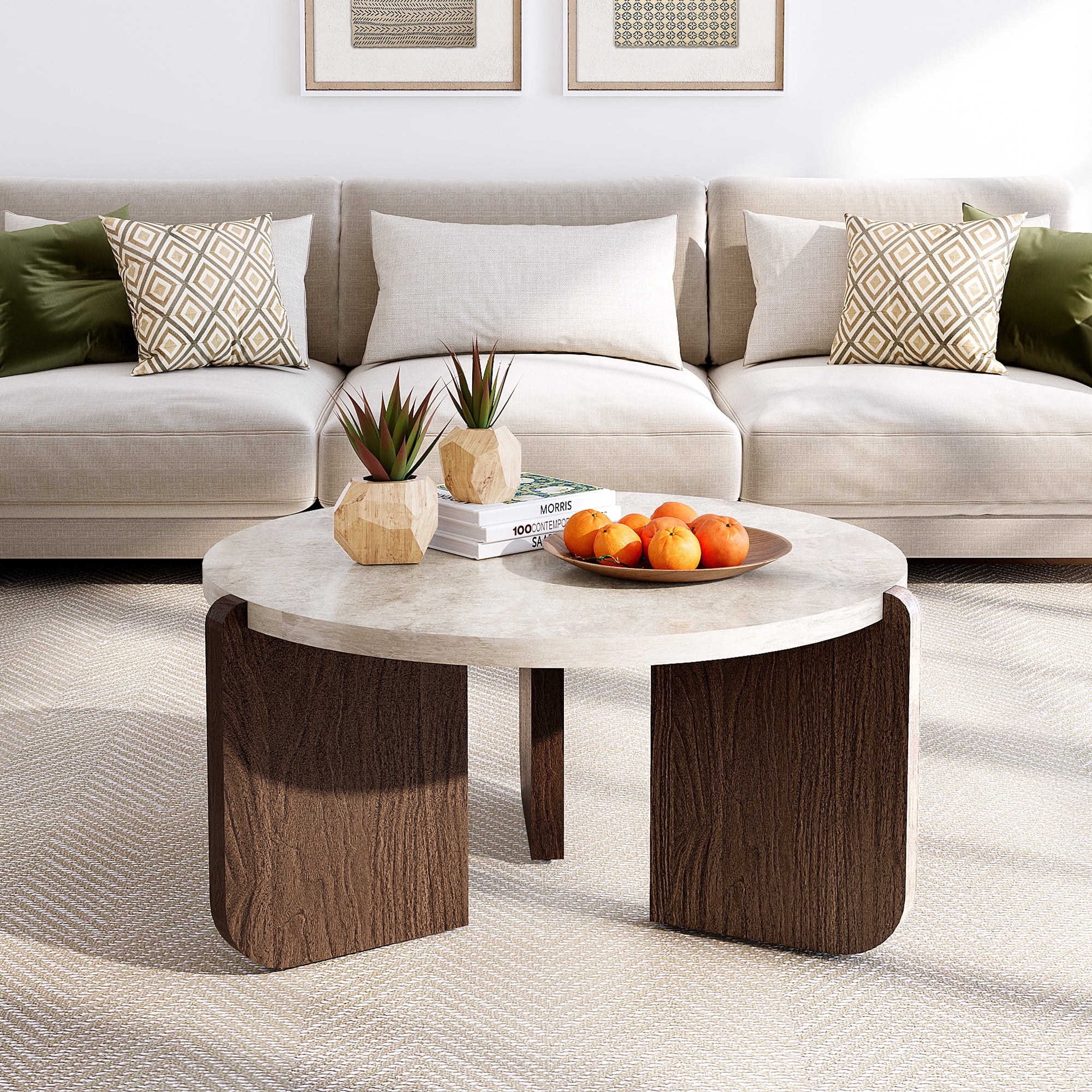 FOROUTIA Round Coffee Table with Faux Marble Top,Modern Walnut Legs Living Room Table