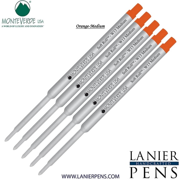 Lanier Combo Pack - 5 Pack - Monteverde Soft Roll Ballpoint W13 Paste Ink Refill Compatible with most Waterman Style Ballpoint Pens - Orange (Medium Tip 0.7mm)