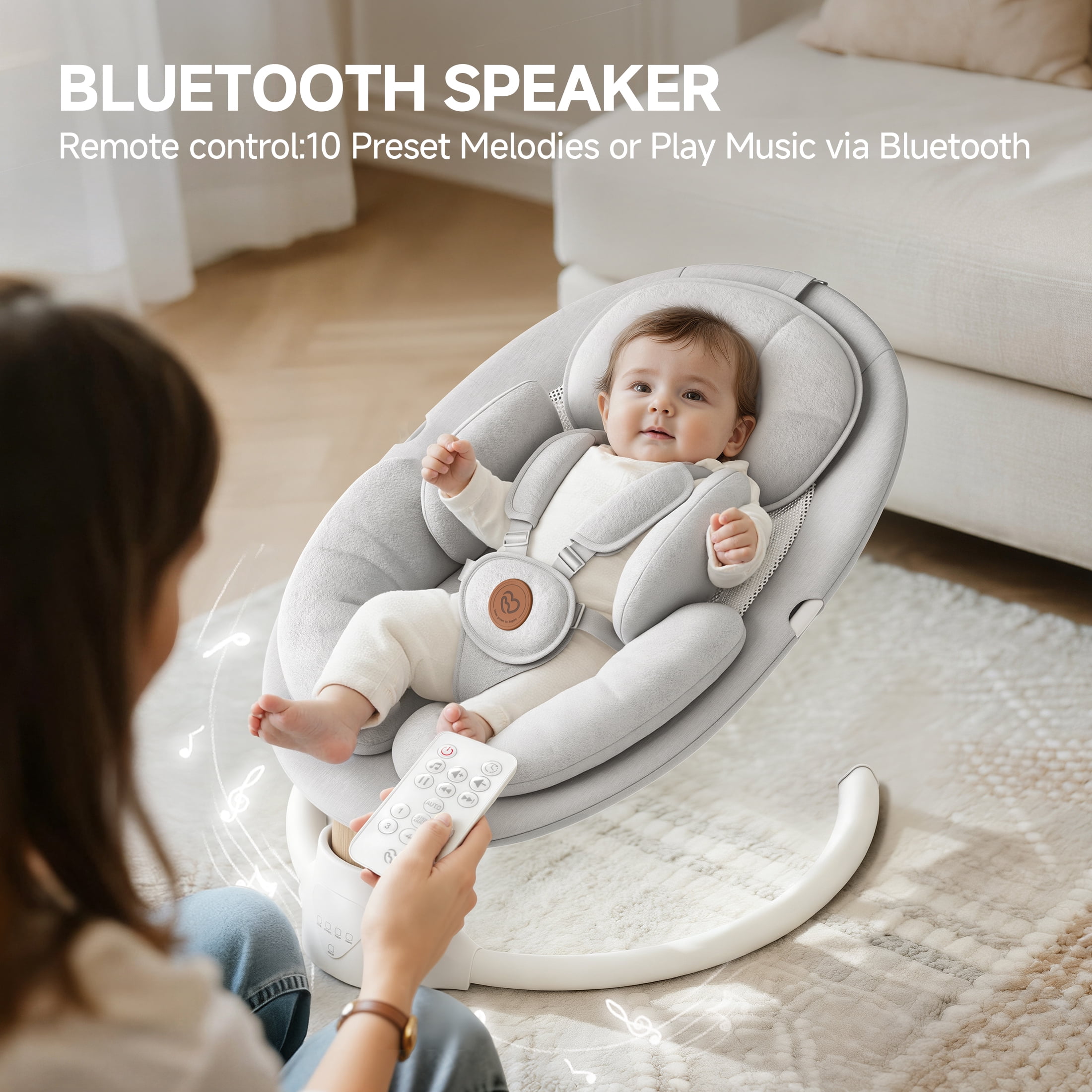 Babyomi Portable Baby Swings for Infants to Toddler, Electric Swing with Music Speaker, 3 Seat Positions , 5 Speeds, and Remote Control - Infant Swing for Indoor and Outdoor, Grey
