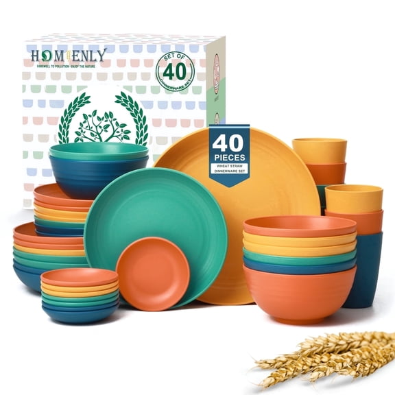 Homienly Plates and Bowls Sets, 40-Piece Unbreakable Wheat Straw Dinnerwave Sets for Kitchen, RV, Dorm, Lightweight Camping Dishes Set, Service for 8, Microwave and Dishwasher Safe Dish Sets (Multi)