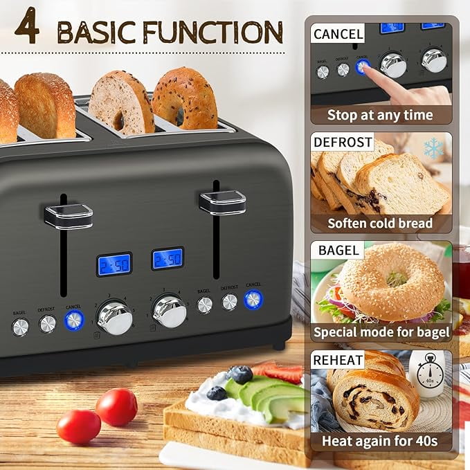 Toaster 4 Slice, LCD Display, 6 Shade Settings, 1.5'' Wide Slots, Digital Stainless Toaster for Bagel, Defrost, Reheat, Dual Control, Removable Crumb Tray, 1500W, Dark Metallic