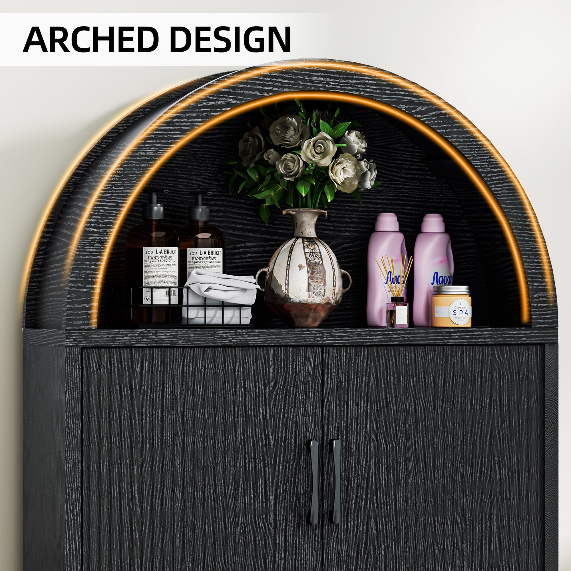 AHB Over Toilet Storage Cabinet with Arc Design, Freestanding Bathroom Organizer with Doors, 7.7"D x 30.5"W x 67.7"H, Black