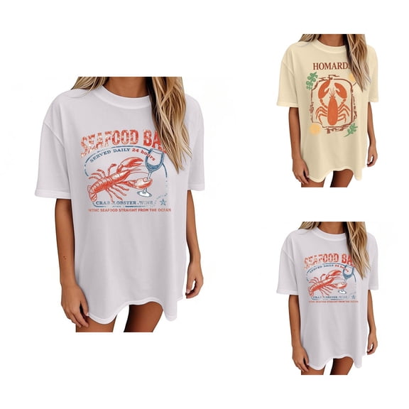 T Shirts for Women Summer Short Sleeve Crewneck Loose Fit Y2k Lobster Graphic Tee Shirt