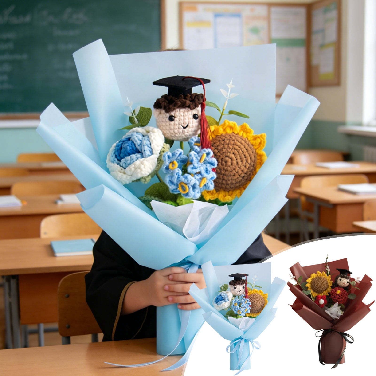 COM1950s Handmade Crochet Sunflower Graduation Bouquet, Knitted Doctoral Cap Flower Keepsake, Long-Lasting Graduation Gift for Home Office Desk Decoration