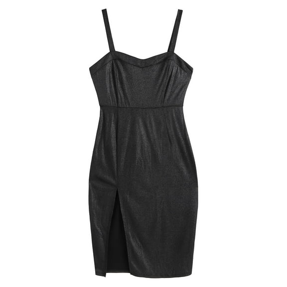 ZAFUL for Women Prom Dress or Cocktail Dress Evening Part Dress Glitter Metallic Front Slit Plus Size Midi Dress Black L