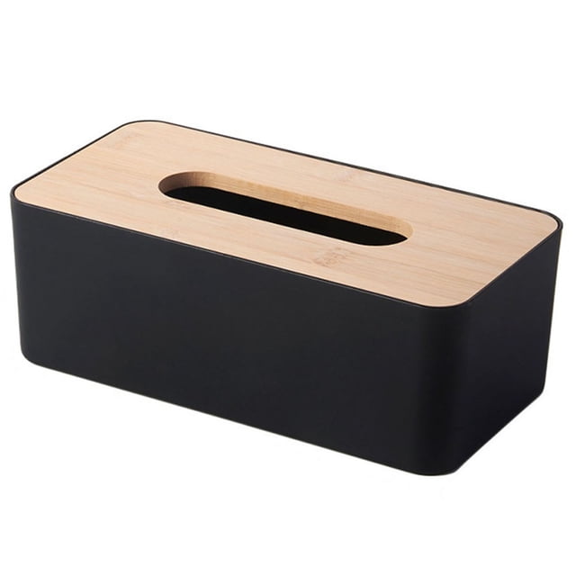 Caja de pañuelos de plástico con cubierta de bambú, contenedor de toallas de papel facial rectangular