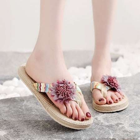 

〖Yilirongyumm〗 Purple 39 Slippers For Women Slipper Flowers Sandals Flat Women Shoes Flip-Flops Breathable Weave Home Beach Women s Slipper