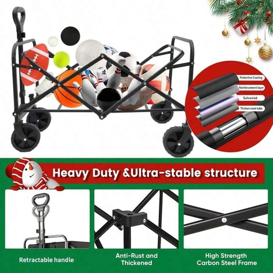 Collapsible Folding Wagon Cart, Track And Field Equipment Transporter Large Capacity Camping Wagon, All-Terrain Foldable Pet Stroller, Heavy-Duty Utility Wagon Cart For Grocery, Outdoor, Beach