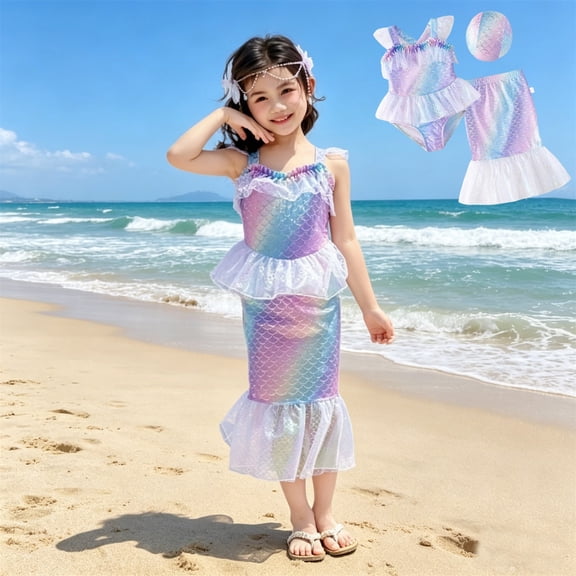 Toddler Girl Swimsuit Mermaid Print Sleeveless Mesh One Piece with Mesh Swim Skirt And Swim Cap Hawaiian Beach Bathing Suits for Girls Light Purple 9 Years-10 Years