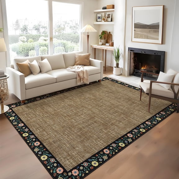 10x13 ft Washable Faux Wool Area Rug, Non Slip Non-Shedding Floral Vintage Low Pile Carpet for Home Decor, Brown