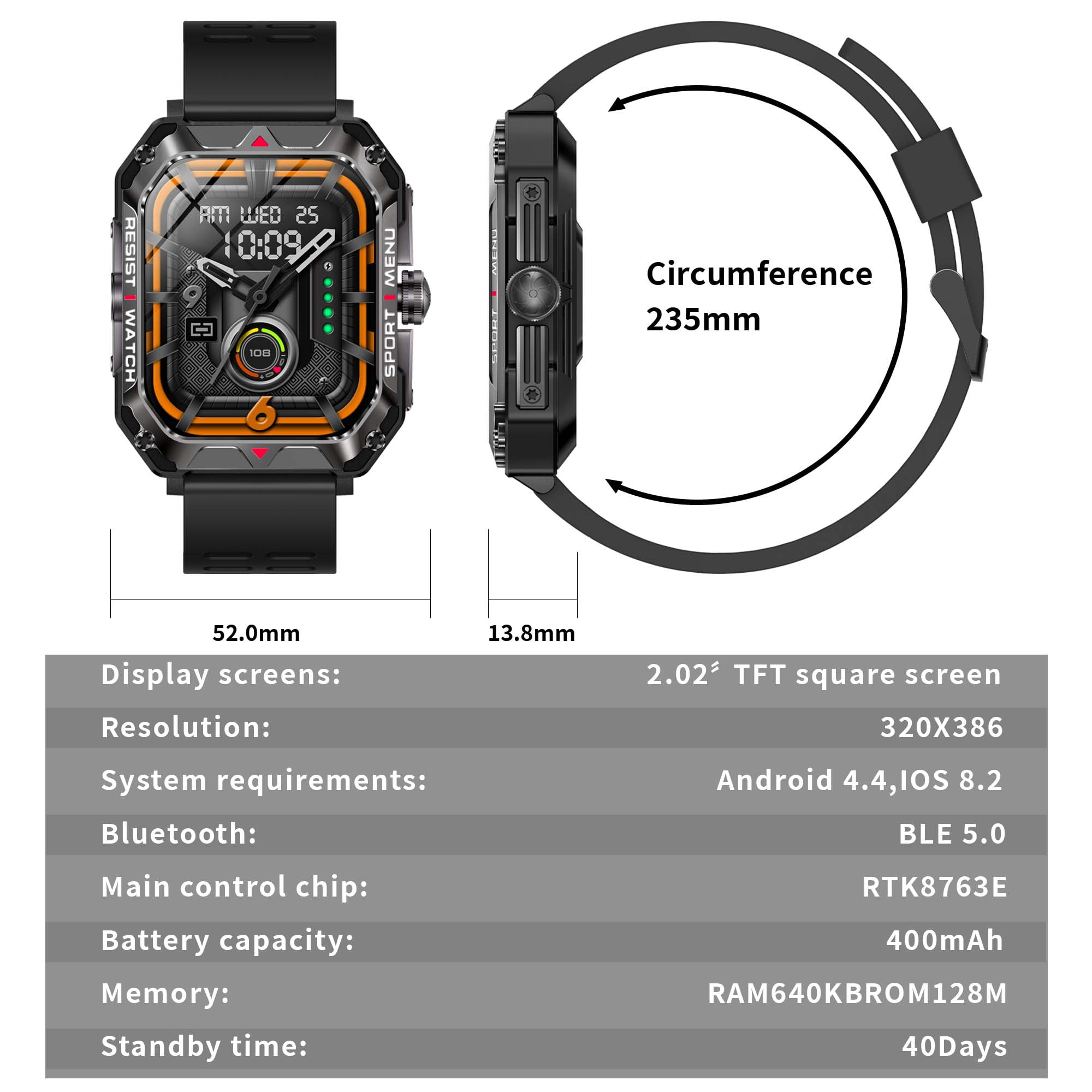 Allspin Smart Watch,  Answer/Make Calls 2.02''HD Touchscreen IP68 Waterproof Fitness Tracker Smartwatch for Android IOS with 2 Bands(Black, Orange)