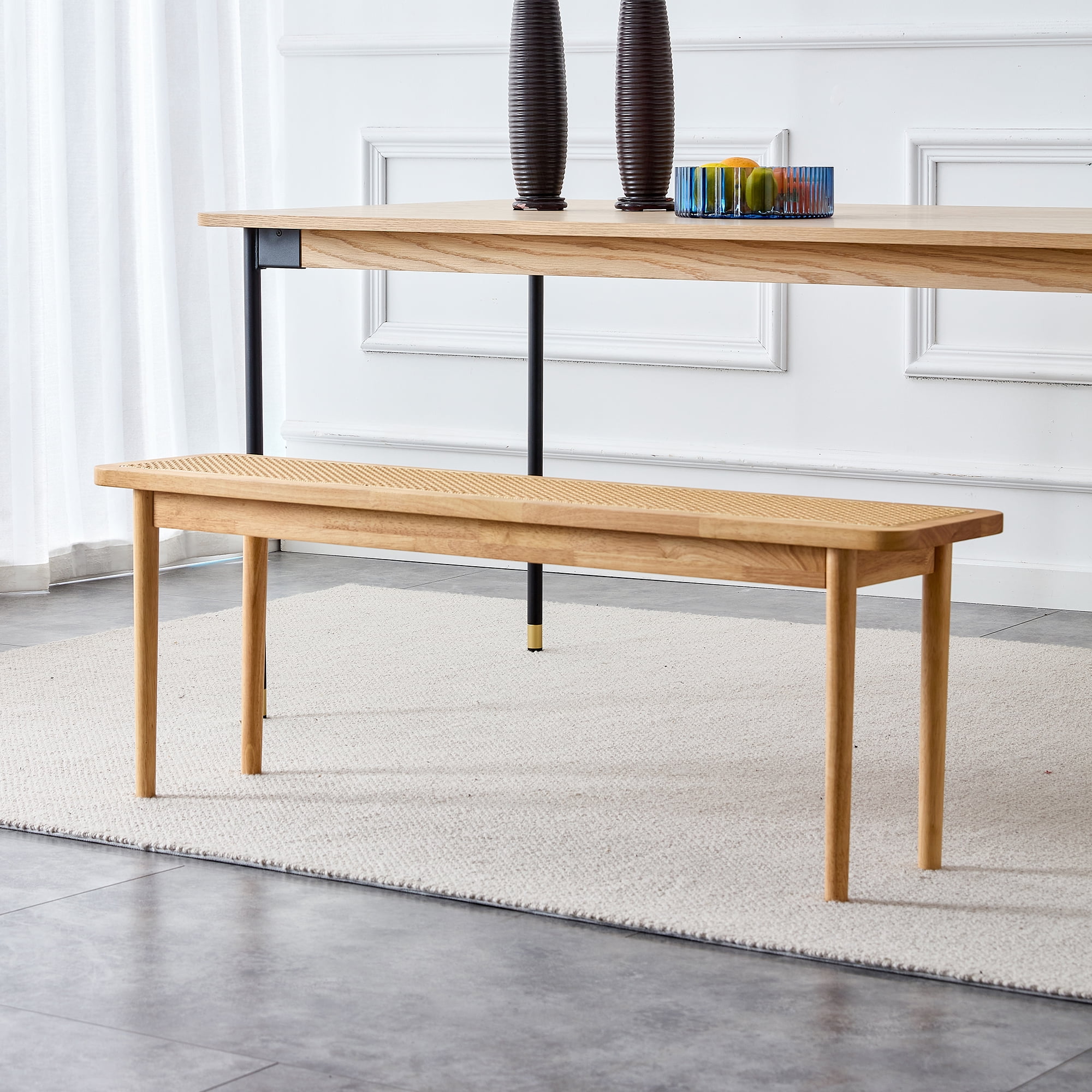Kadyn Solid Wood Bench, Cane Weaving Shoe Stool for Dining Room, Mid Century Bench for Living Room, Natural Wood Wash Kadyn Solid Wood Bench, Cane Weaving Shoe Stool for Dining Room, Mid Century Bench for Living Room, Natural Wood Wash