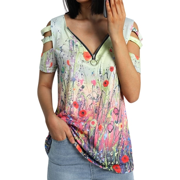 Lucakuins - Camiseta estampada con blusa para mujer, manga corta suelta con cremallera y cuello en V Lucakuins moda