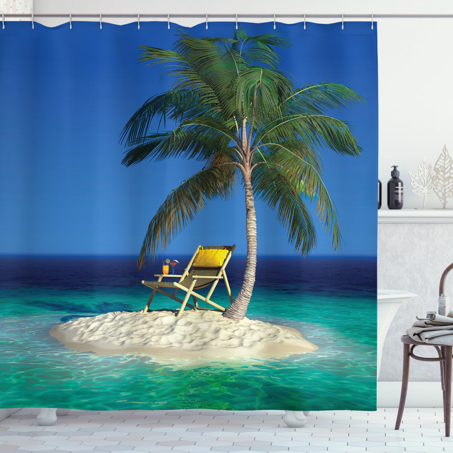 Tropical Palm Tree at Seaside Nautical Shower Curtain Waterproof Bath Mat Decor 