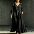 thumbnail image 2 of Women's V Neck Flowy Midi Dress, 3/4 Bell Sleeve Ruffle Hem Loose Casual Dress with Side Pockets, Boho Vacation Dress for Beach Daily Outfits Black L(L), 2 of 9