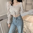 thumbnail image 2 of Camisa de mujer Vintage Cuello cuadrado Blusa de manga larga Estampado floral Top corto, Blanco Vogacara AP001259-03B, 2 of 7