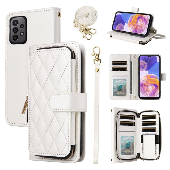 Furiet Wallet Case for Samsung Galaxy A13 4G/5G with Wrist Strap, Shoulder Strap, 9  Card Slots Zipper Purse, Luxury PU Leather Stand Cell Phone Cover for A04s M13 G5 A 13 LTE 13A 2022 Women White