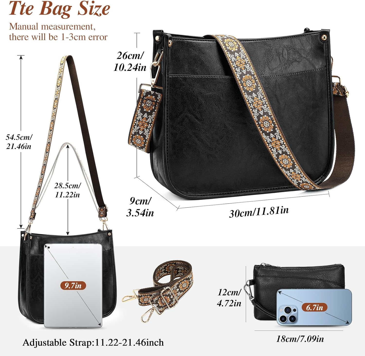Crossbody Purse for Women Trendy Vegan Leather Hobo Bags for Women Handbags and Wallet 2PCS With Guitar Shoulder Strap