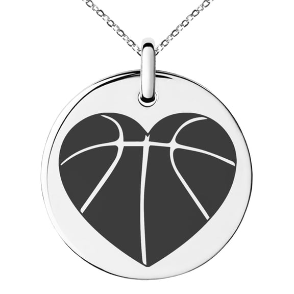 Tioneer Stainless Steel Love Basketball Heart Engraved Small Medallion Circle Charm Pendant Necklace