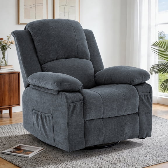 GEEYOO Swivel Rocker Recliner Chair with Massage and Heat Glider Recliner for Adults with Side Pockets Chenille for Living Room,Dark Grey