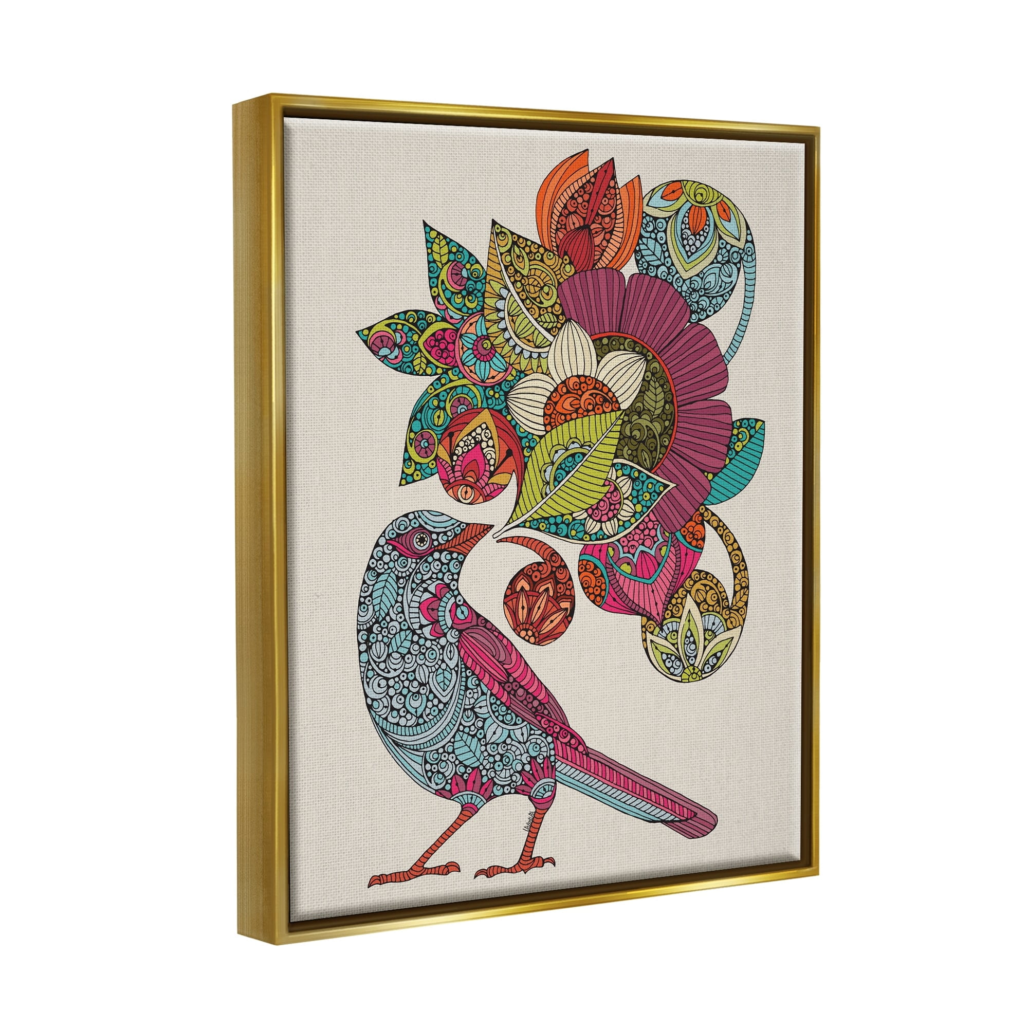 Stupell Industries Abstract Song Bird Paisley Pattern Floral Mandala Graphic Art Metallic Gold Floating Framed Canvas Print Wall Art, Design by Valentina Harper