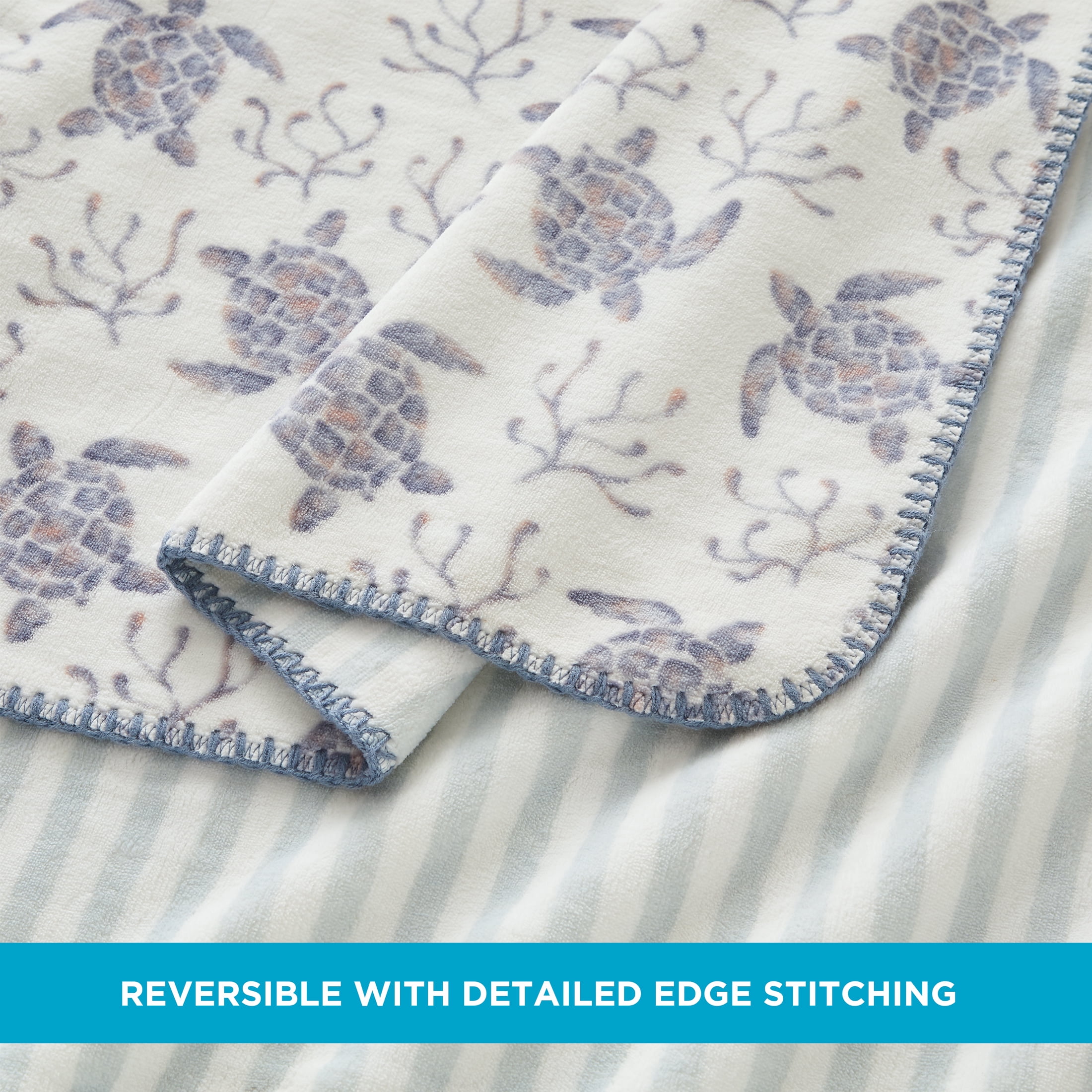 Coastal Living Throw Blanket, Reversible Plush Fleece Blanket for Couch, Blue Turtles Print, 50" x 72"