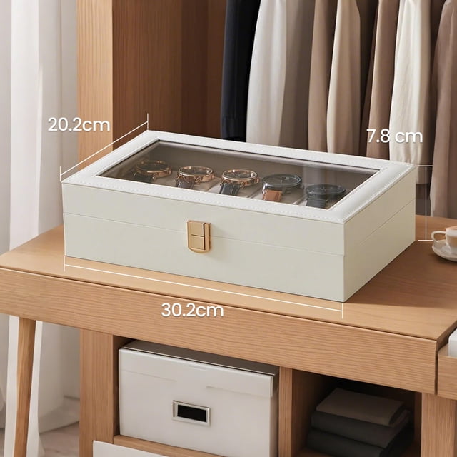 SONGMICS HOME Caja de Relojes para 12 Relojes, Estuche de Relojes, 20.2 x 30.2 x 7.8 cm, Blanco y Beige
