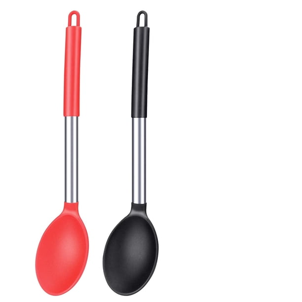 Paquete de 2 cucharas grandes de silicona para cocinar, cucharas antiadherentes sólidas para hilvanar, utensilios de cocina resistentes al calor para mezclar y servir (negro-rojo) Adepaton WRLF-215