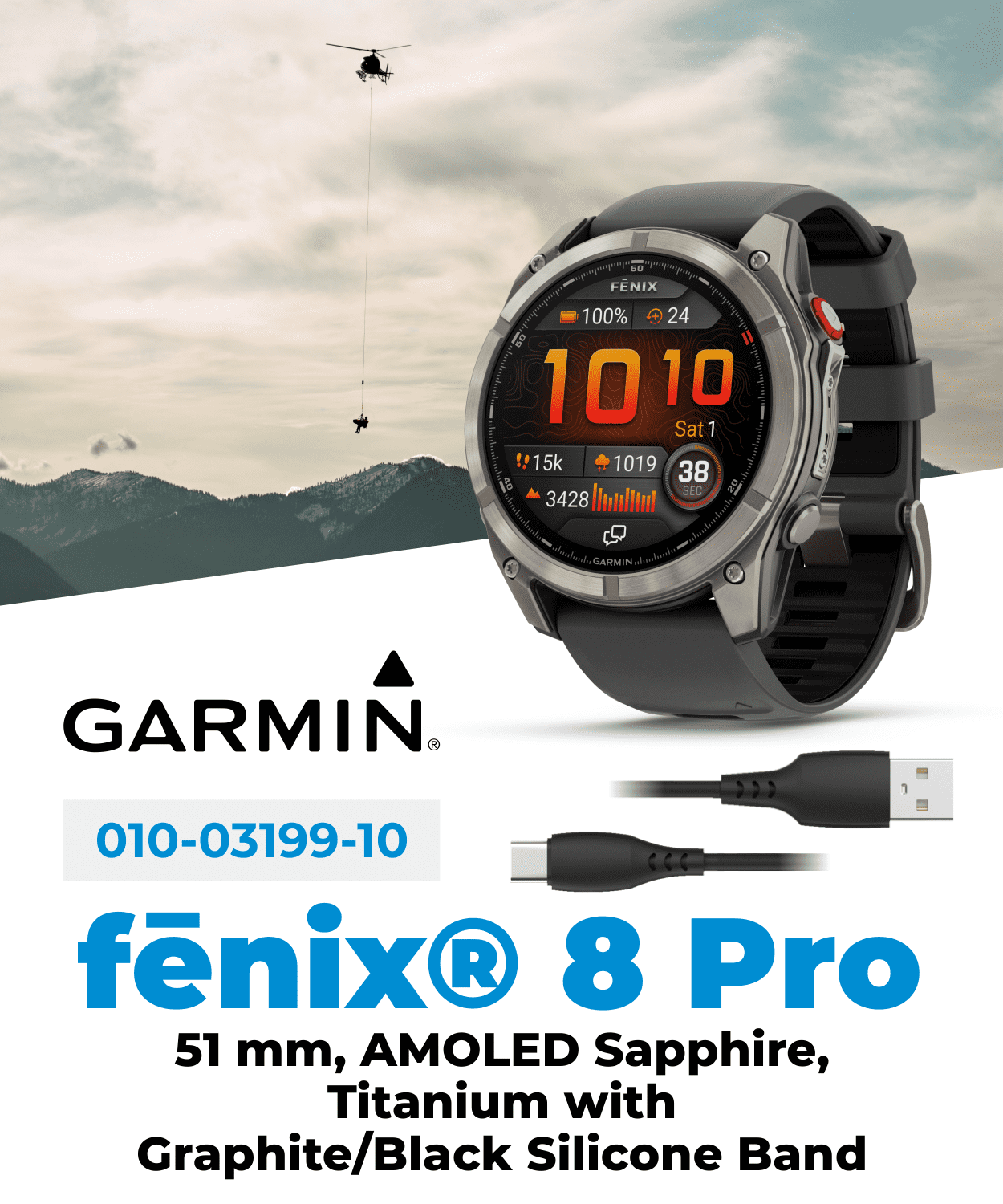 Garmin Fenix 8 Pro - 51mm AMOLED Sapphire Premium Connected Multisport GPS Smartwatch, inReach, Titanium & Graphite/Black Silicone Band w/ Wearable4U PowerBank Bundle