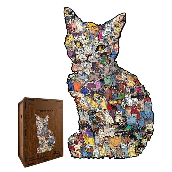 194pcs Colorful Cat-Shaped Wooden Puzzle, Irregular Wooden Puzzle, Unique Animal-Shaped Wooden Puzzle, A Creative Gift for Cat Lovers, Home Decor.