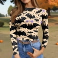 thumbnail image 6 of Satingcolo Halloween Shirts for Women Long Sleeve Crew Neck Slim Fitted Basic Top Funny Ghost Bat Pumpkin Graphic Ribbed Shirts Khaki XL, 6 of 6