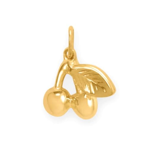 14k Gold-plated Cherry Charm with Two Cherries and a Leaf