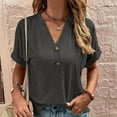 thumbnail image 4 of CZHJS Women's Short SleeveCowl Draped Neck Elegant Tunic Vintage Solid Color T Shirt Casual Loose Comfy Tees Trendy Fashion Clothes Button up V Neck Shirts Summer Tops Dark Gray XXXL, 4 of 8
